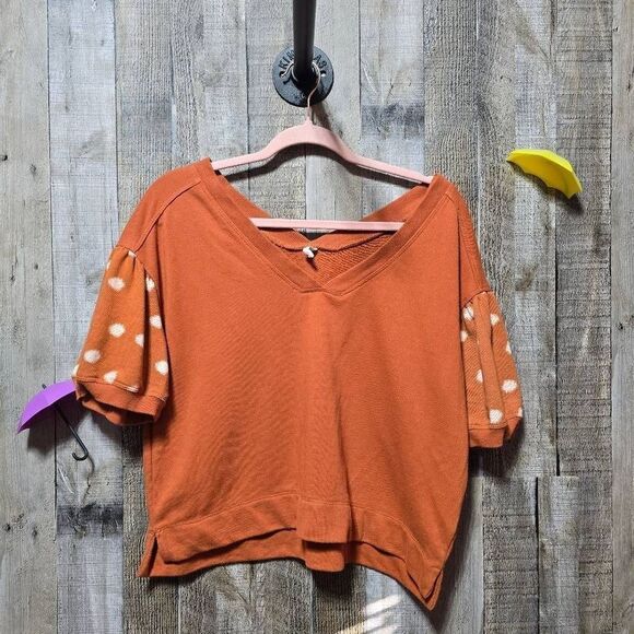 Anthropologie Daily Practice orange top polka dot puff sleeve - Picture 2 of 5